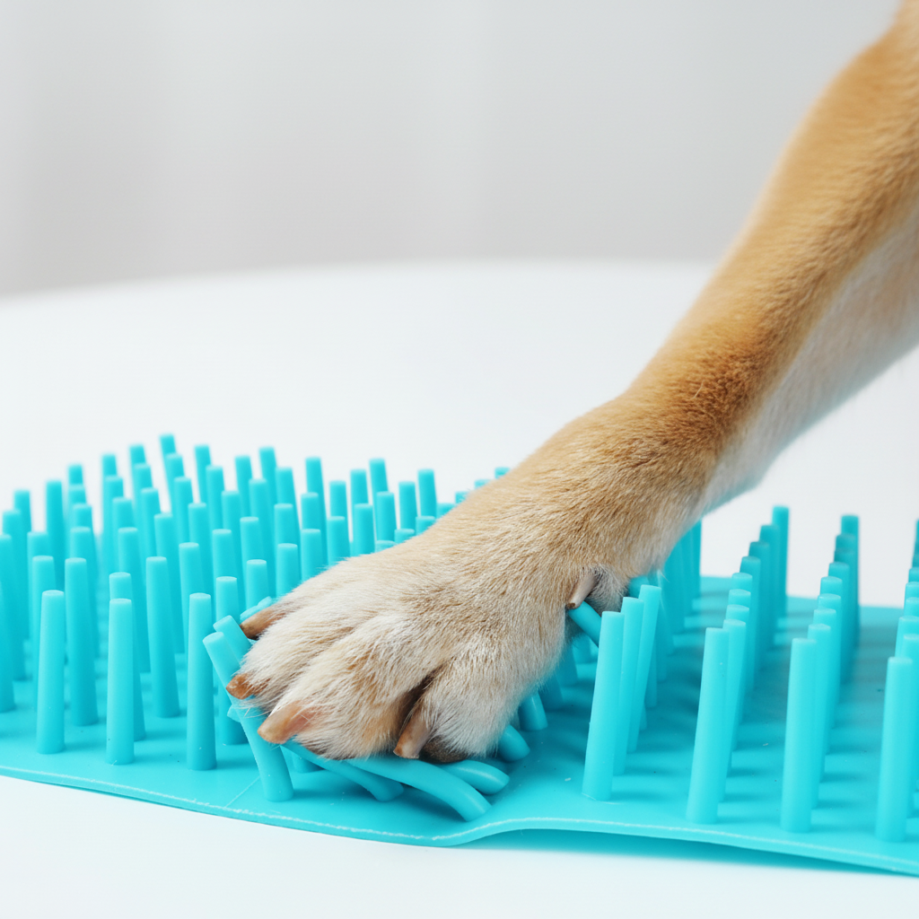 Dog paw on NORDTASS Pet Paw LERA silicone cleaning bristles – deep cleans mud and dirt between paw pads
