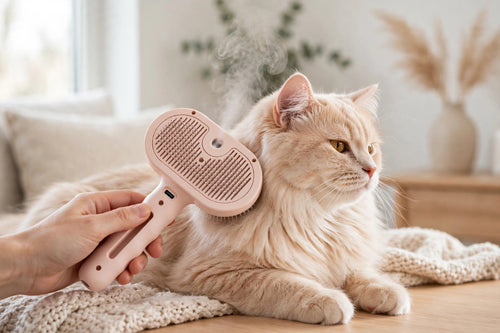 NORDTASS LUMI Steam Spa grooming brush in pink used on long-haired cat – gentle steam pet brush for cats and dogs
