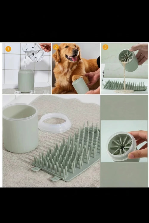 NORDTASS Pet Paw LERA paw cleaner – how to use guide showing water fill, paw cleaning and silicone brush insert

