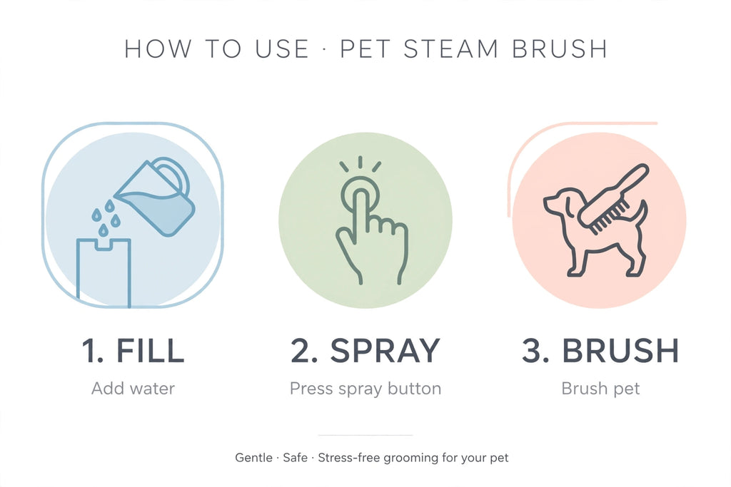 NORDTASS LUMI Steam Spa Borsten how to use guide – 3 steps: fill with water, press spray button, brush your pet
