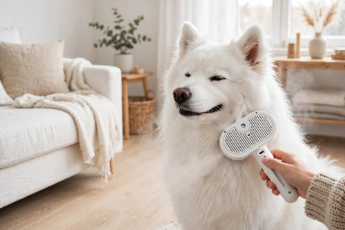 NORDTASS LUMI Steam Spa pet grooming brush in white used on fluffy white dog – reduces shedding and softens coat
