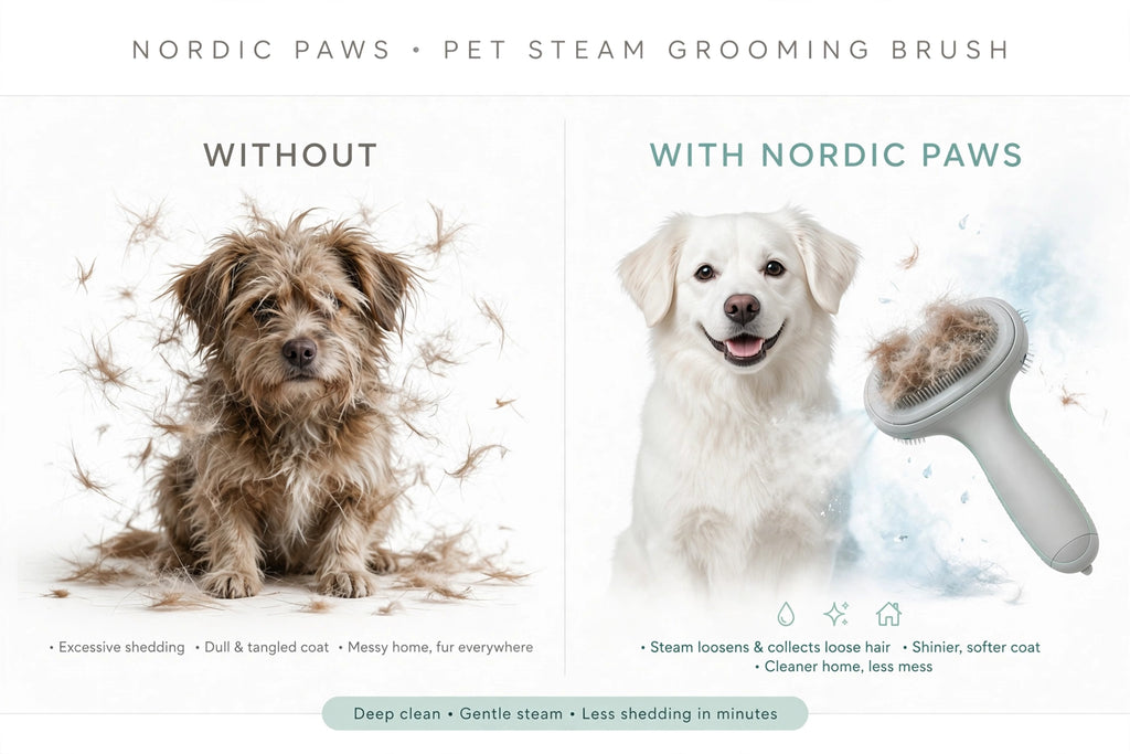 NORDTASS LUMI pet steam grooming brush before and after – reduces excessive shedding and leaves coat shinier and softer
