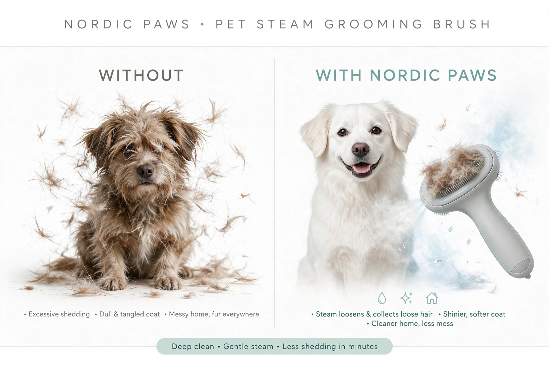 NORDTASS LUMI pet steam grooming brush before and after – reduces excessive shedding and leaves coat shinier and softer
