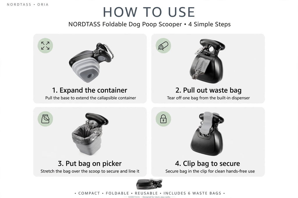 NORDTASS Cleanpick foldable dog poop scooper – 4-step how-to-use guide with waste bag dispenser
