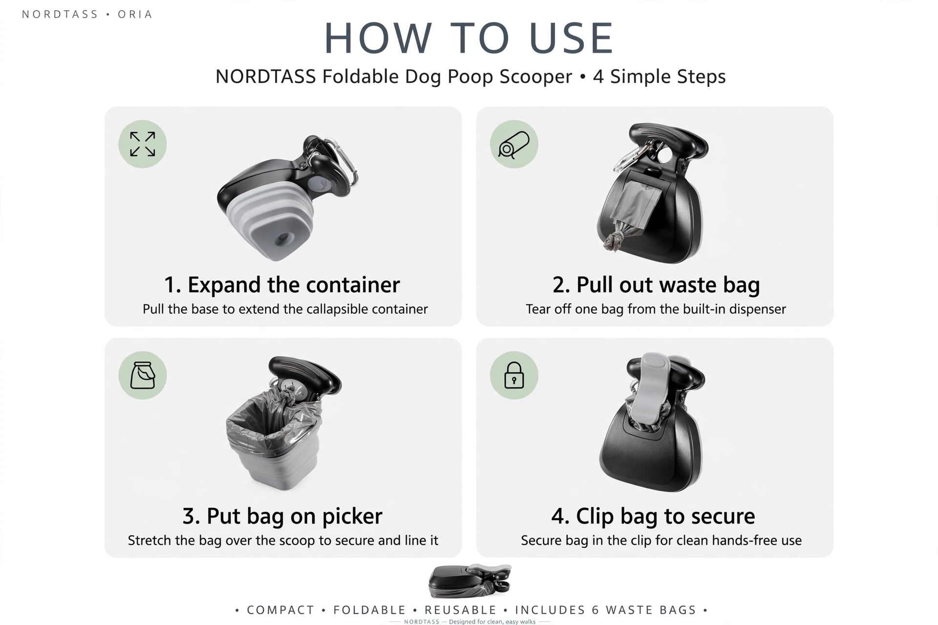 NORDTASS Cleanpick foldable dog poop scooper – 4-step how-to-use guide with waste bag dispenser
