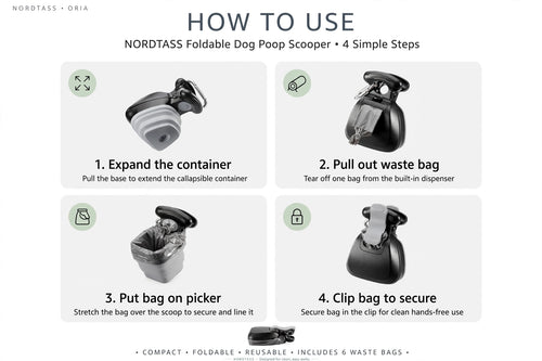 NORDTASS Cleanpick foldable dog poop scooper – 4-step how-to-use guide with waste bag dispenser
